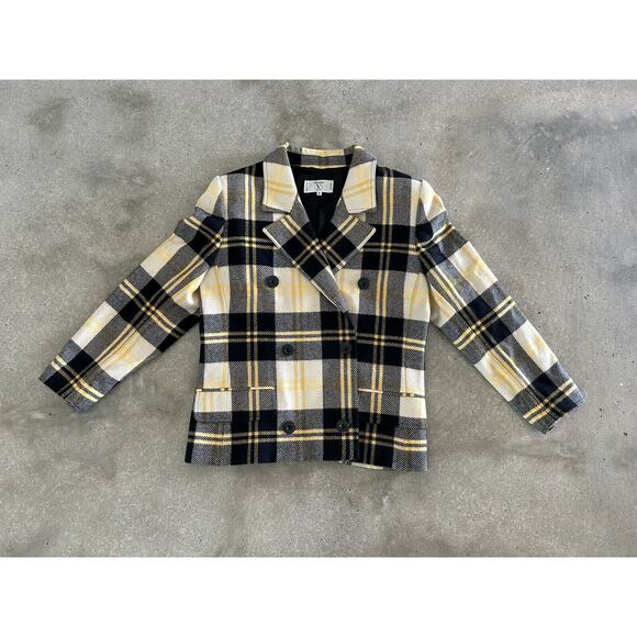 Vintage Valentino Wool Plaid Suit Jacket Blazer Sz 48 US 14 Clueless Yellow - Picture 1 of 7